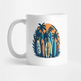 Colorful surfboards and palm trees on the beach Mug